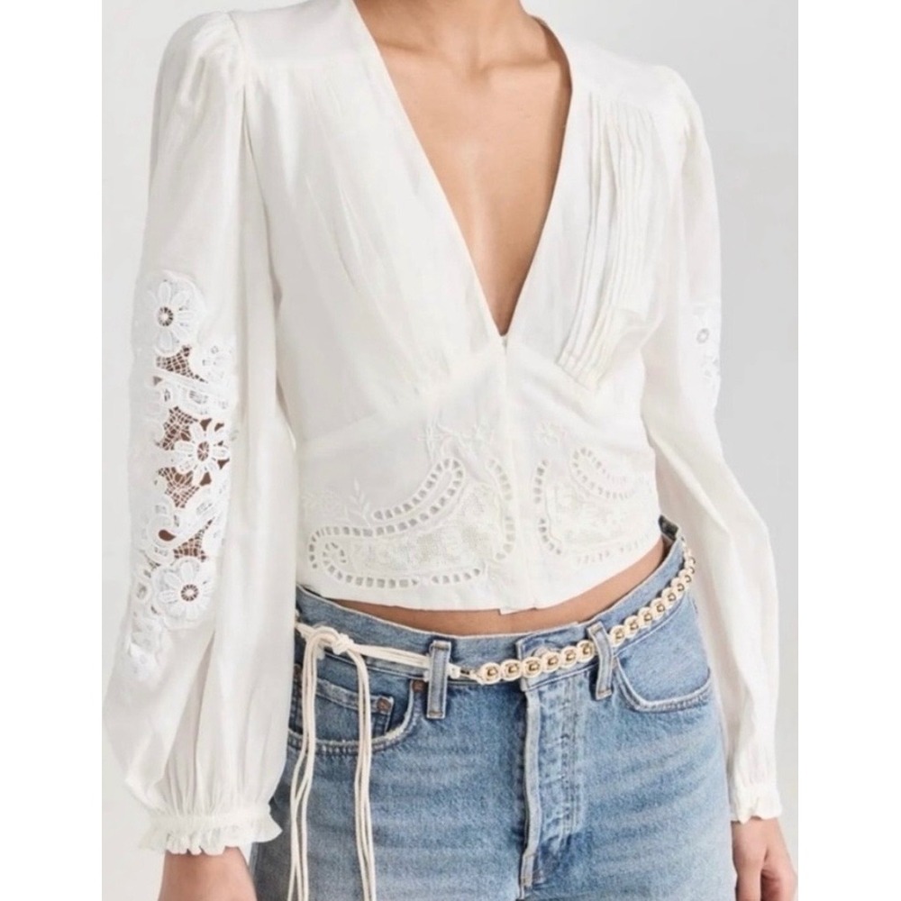 Anthropologie Farm Rio White Lace Embroidered V-Neck Puff Sleeve  Blouse Top Sm
